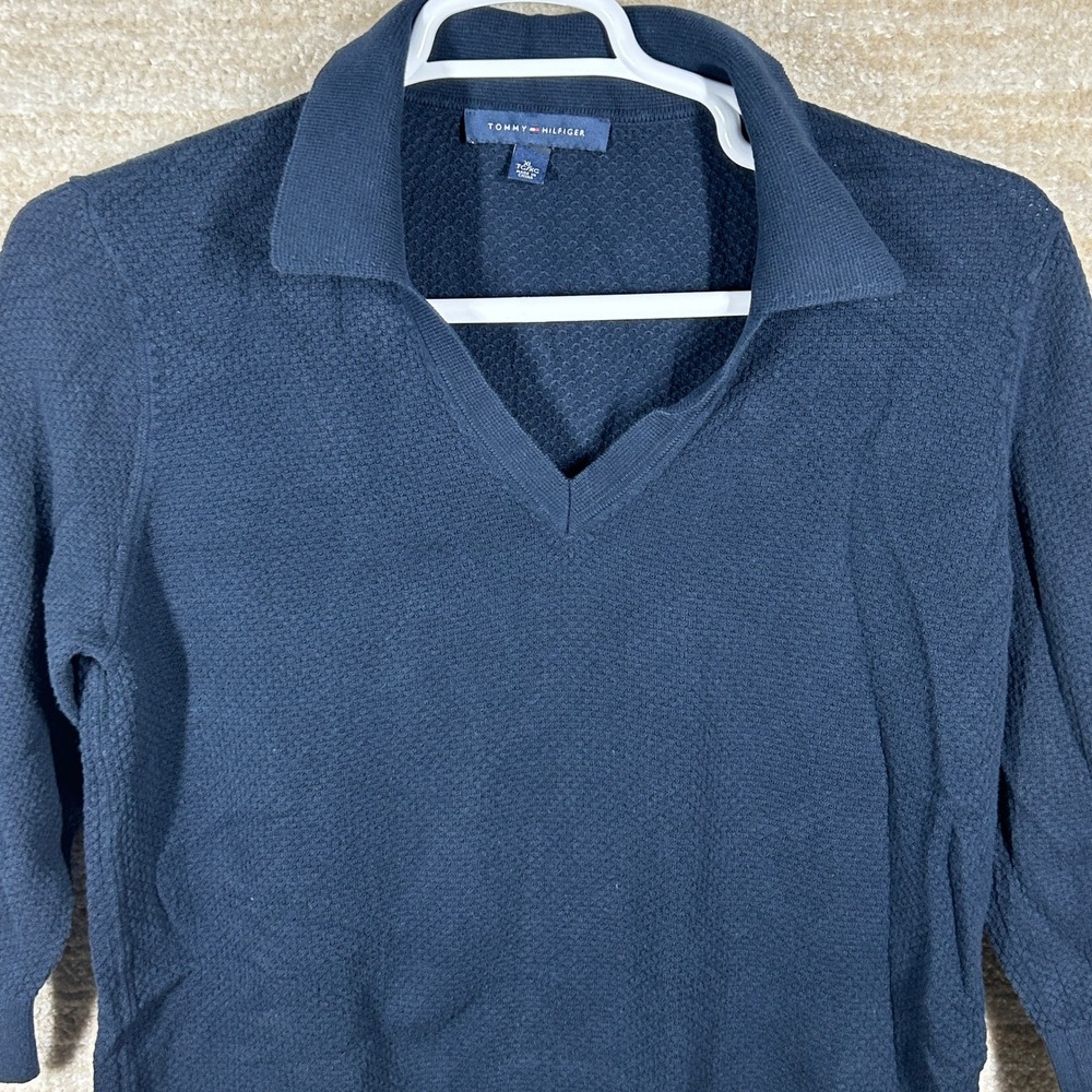 Tommy Hilfiger Women Preppy V-Neck Polo Sweater Navy Blue XL Waffle Knit
